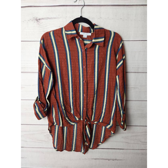 Favlux Womens Hi Lo Top Multicolor Striped Long Sleeve Button Tie Front Blouse S - Picture 1 of 6
